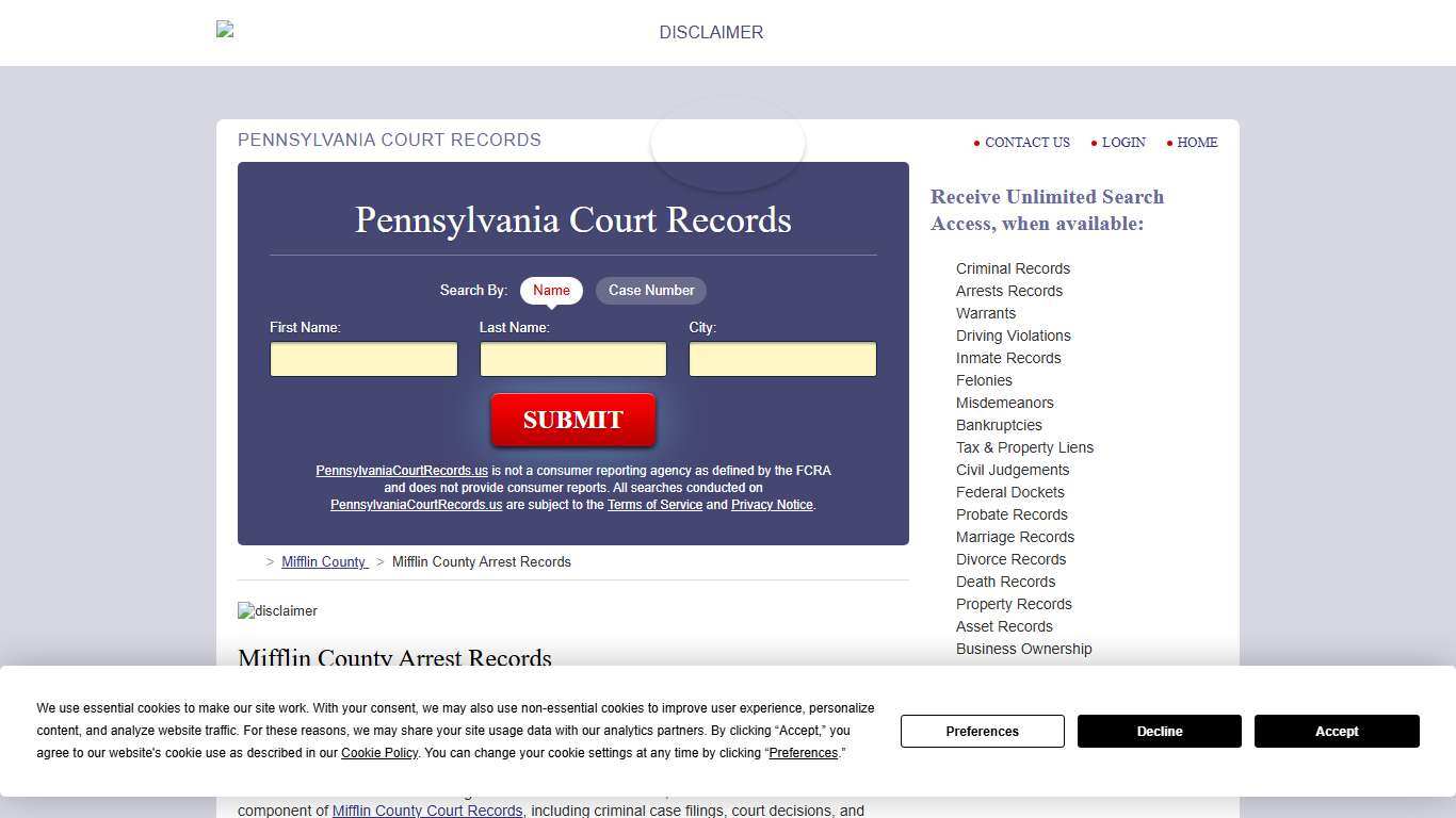 Mifflin County Arrest Records PennsylvaniaCourtRecords.us